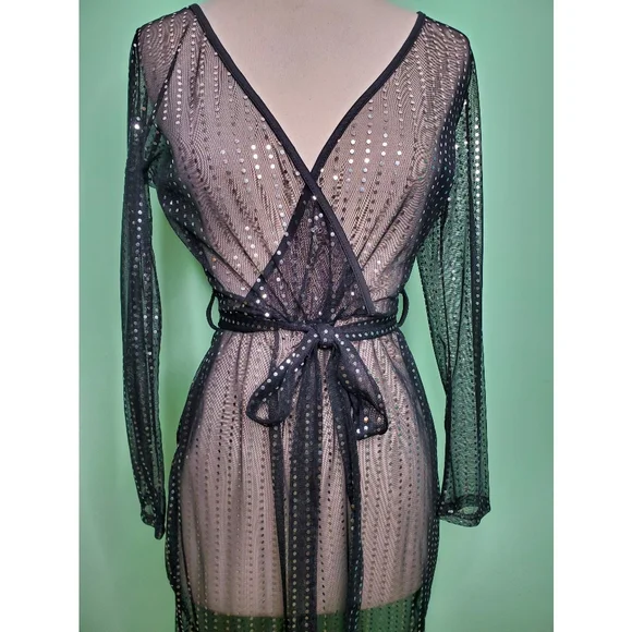 Sheer Black and Silver Metallic Faux Wrap Dress - Picture 3 of 10